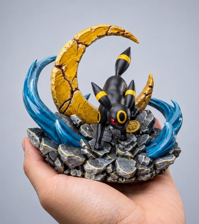 Peça impressa em 3D com personagem, lua dourada e base cenográfica