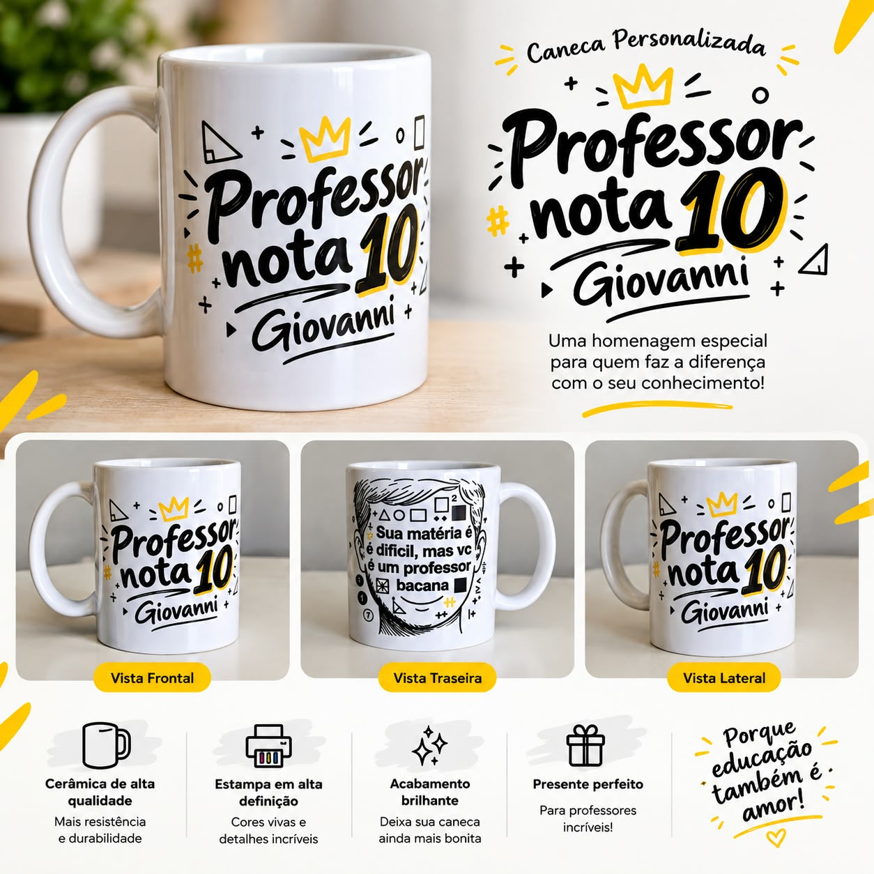 Caneca personalizada Professor nota 10 com nome Giovanni, apresentada em três ângulos